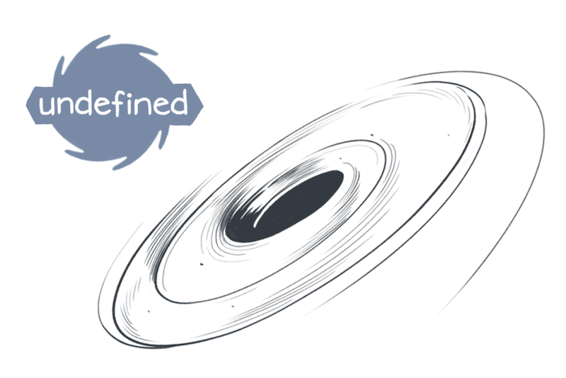 illustration of a black, spikey undefined icon next to a big black hole